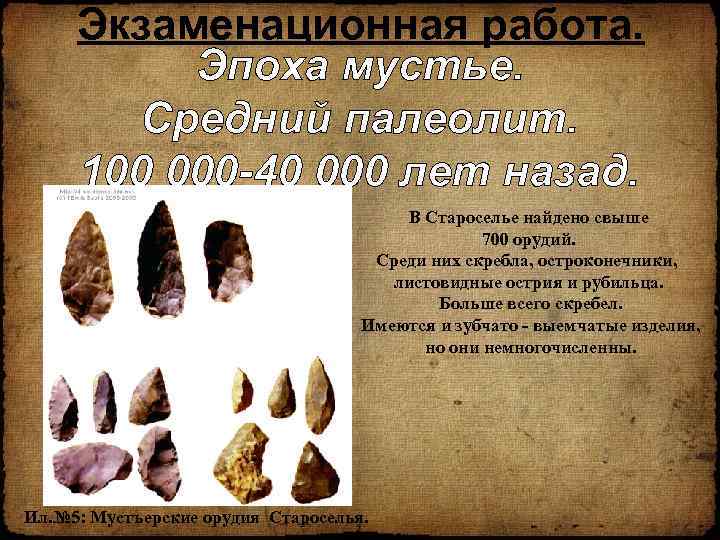 Экзаменационная работа. Эпоха мустье. Средний палеолит. 100 000 -40 000 лет назад. В Староселье