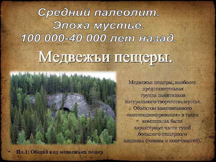 Медвежьи пещеры, наиболее представительная группа памятников натурального творчества мустье. Объектом многовекового «коллекционирования» в таких