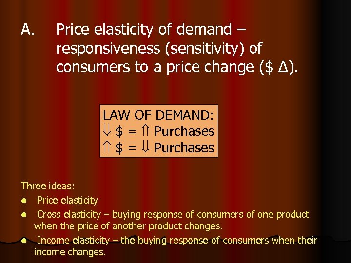 A. Price elasticity of demand – responsiveness (sensitivity) of consumers to a price change