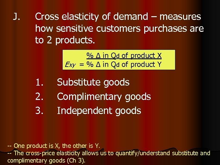 J. Cross elasticity of demand – measures how sensitive customers purchases are to 2