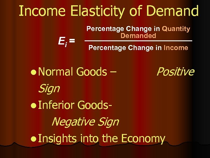Income Elasticity of Demand Percentage Change in Quantity Demanded Ei = l Normal Percentage