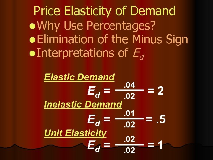 Price Elasticity of Demand l Why Use Percentages? l Elimination of the Minus Sign