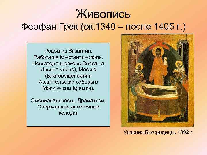 Живопись Феофан Грек (ок. 1340 – после 1405 г. ) Родом из Византии. Работал