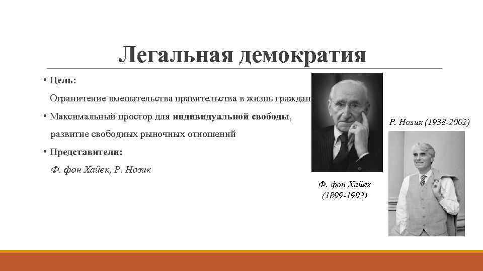 Легальная демократия • Цель: Ограничение вмешательства правительства в жизнь граждан • Максимальный простор для