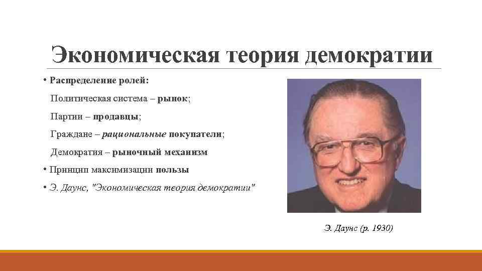 Экономическая теория демократии • Распределение ролей: Политическая система – рынок; Партии – продавцы; Граждане