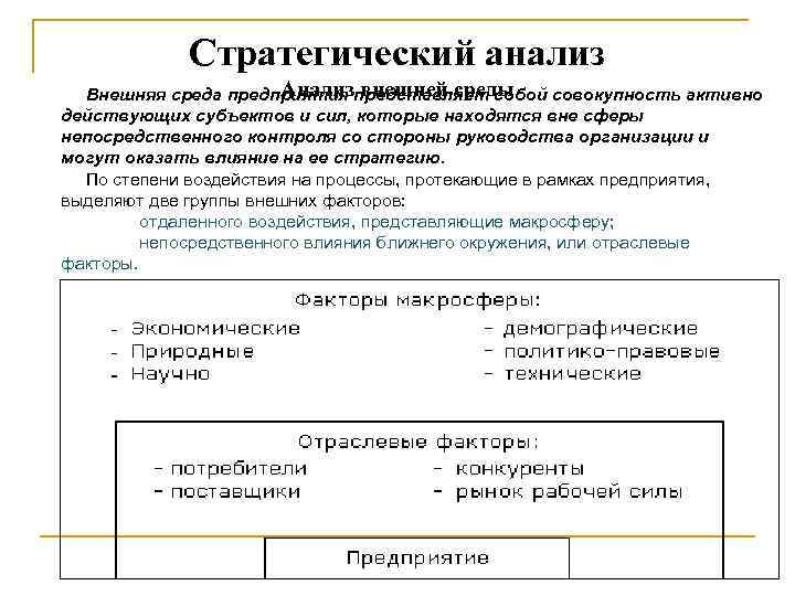 1 стратегический анализ внешней и внутренней среды проекта