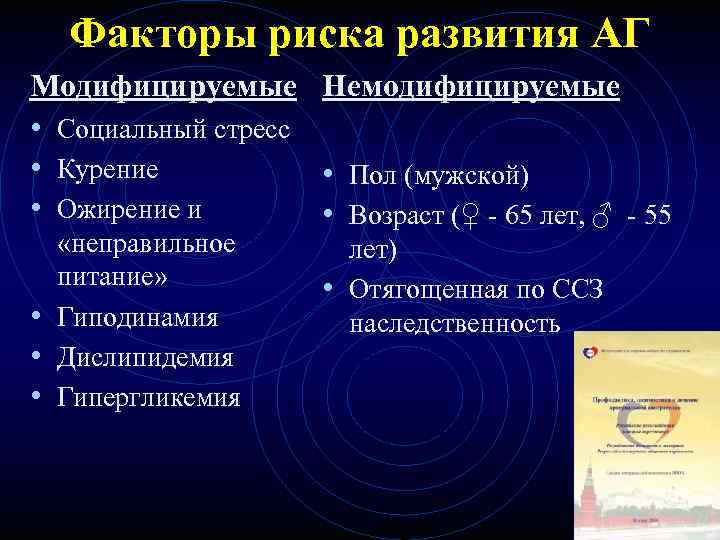 Факторы риска развития АГ Модифицируемые Немодифицируемые • Социальный стресс • Курение • Пол (мужской)