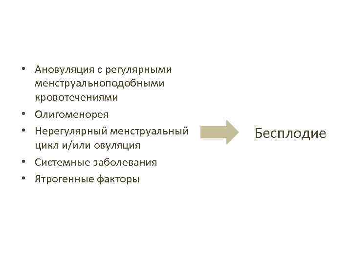  • Ановуляция с регулярными менструальноподобными кровотечениями • Олигоменорея • Нерегулярный менструальный цикл и/или