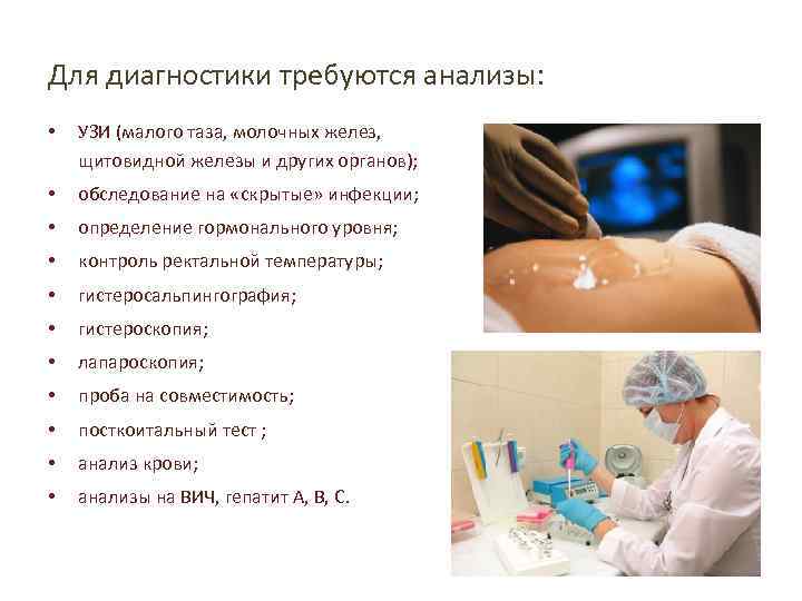Для диагностики требуются анализы: • УЗИ (малого таза, молочных желез, щитовидной железы и других