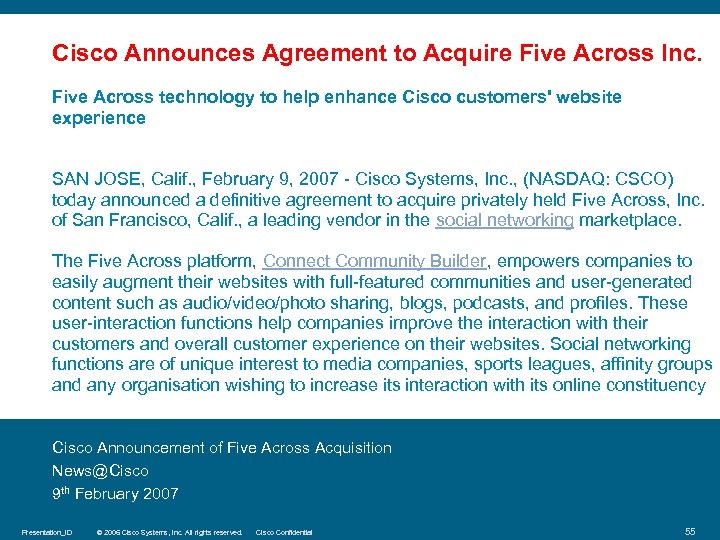 Cisco Announces Agreement to Acquire Five Across Inc. Five Across technology to help enhance