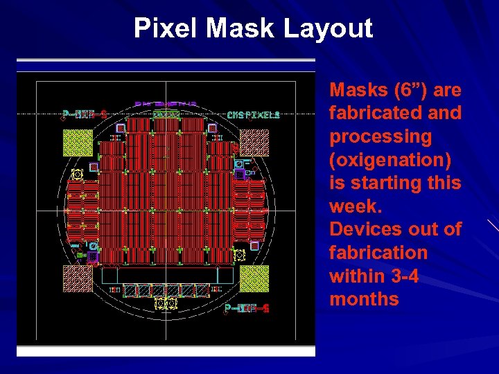 Pixel Mask Layout Masks (6”) are fabricated and processing (oxigenation) is starting this week.