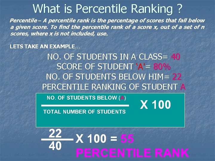 What is Percentile Ranking ? Percentile – A percentile rank is the percentage of