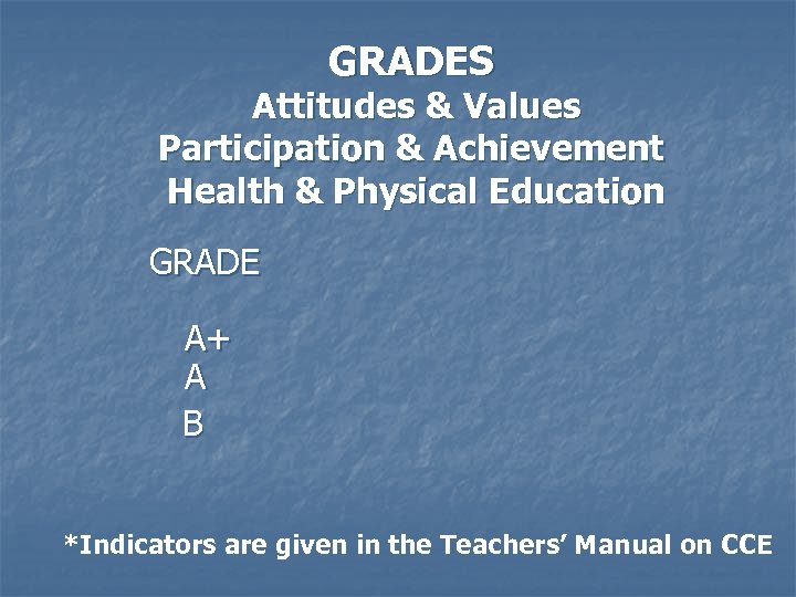 GRADES Attitudes & Values Participation & Achievement Health & Physical Education GRADE A+ A