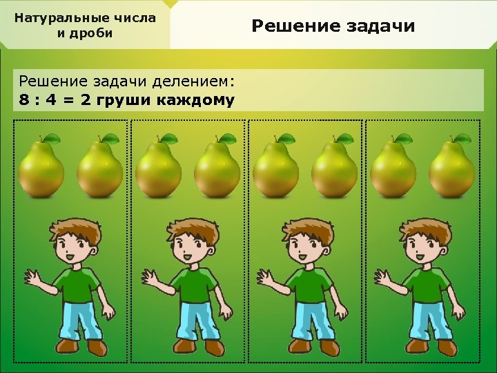 Натуральные числа и дроби Решение задачи делением: 8 : 4 = 2 груши каждому