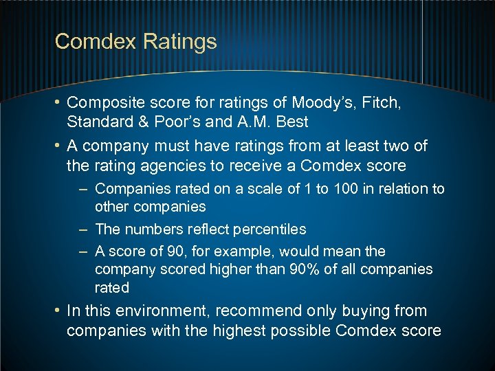 Comdex Ratings • Composite score for ratings of Moody’s, Fitch, Standard & Poor’s and