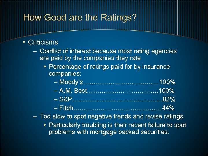 How Good are the Ratings? • Criticisms – Conflict of interest because most rating