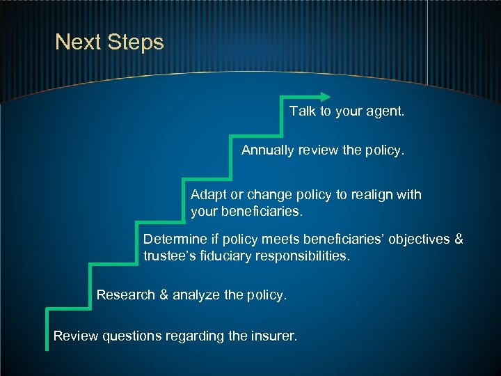 Next Steps Talk to your agent. Annually review the policy. Adapt or change policy
