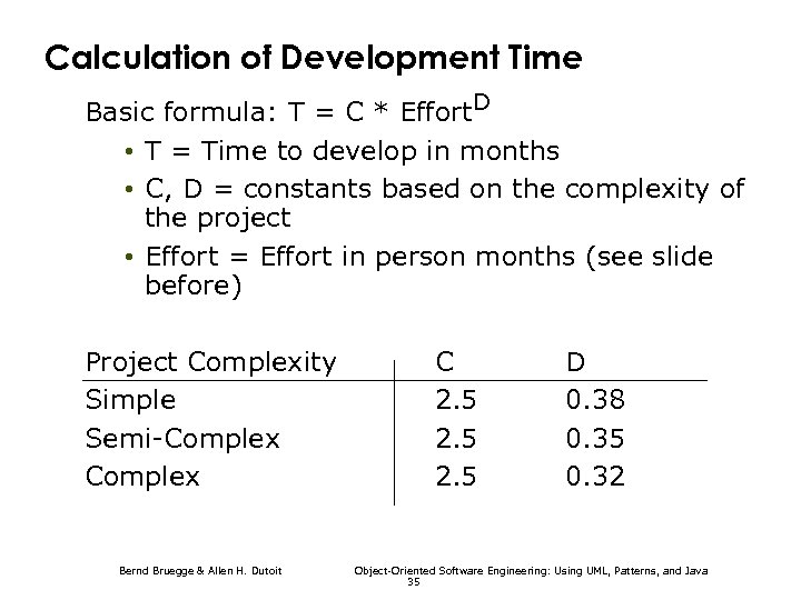 Calculation of Development Time Basic formula: T = C * Effort. D • T