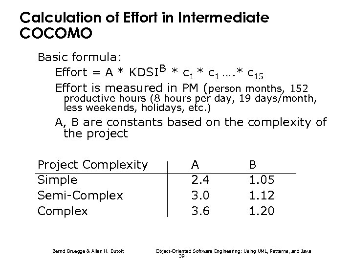 Calculation of Effort in Intermediate COCOMO Basic formula: Effort = A * KDSIB *