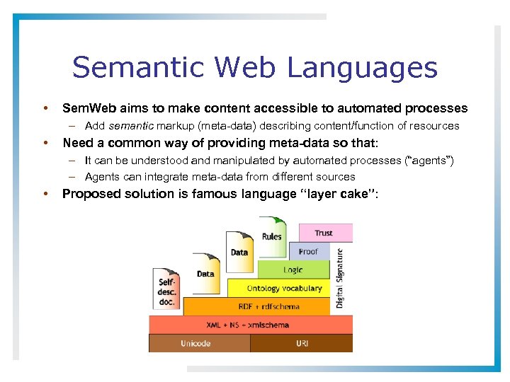 Semantic Web Languages • Sem. Web aims to make content accessible to automated processes