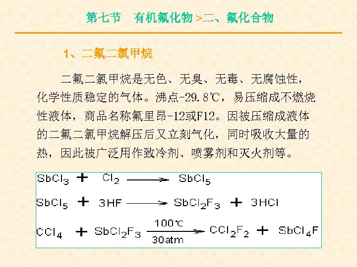 第七节 有机氟化物 >二、氟化合物 1、二氟二氯甲烷是无色、无臭、无毒、无腐蚀性， 化学性质稳定的气体。沸点-29. 8℃，易压缩成不燃烧 性液体，商品名称氟里昂-12或F 12。因被压缩成液体 的二氟二氯甲烷解压后又立刻气化，同时吸收大量的 热，因此被广泛用作致冷剂、喷雾剂和灭火剂等。 