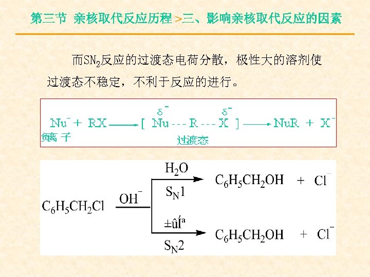 第三节 亲核取代反应历程 >三、影响亲核取代反应的因素 而SN 2反应的过渡态电荷分散，极性大的溶剂使 过渡态不稳定，不利于反应的进行。 