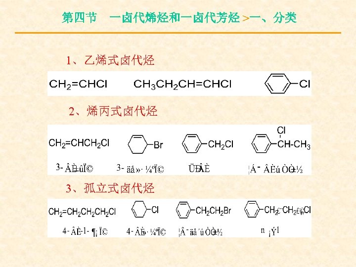 第四节 一卤代烯烃和一卤代芳烃 >一、分类 1、乙烯式卤代烃 2、烯丙式卤代烃 3、孤立式卤代烃 