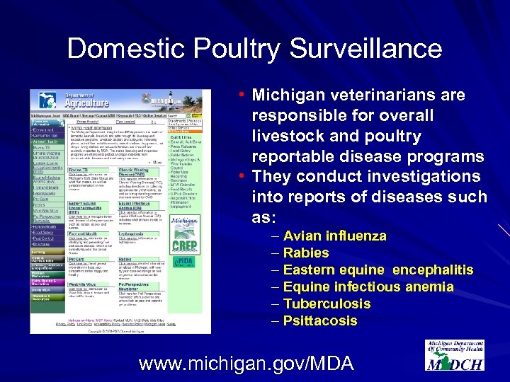 Domestic Poultry Surveillance • Michigan veterinarians are responsible for overall livestock and poultry reportable