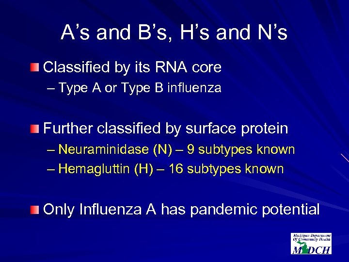 A’s and B’s, H’s and N’s Classified by its RNA core – Type A