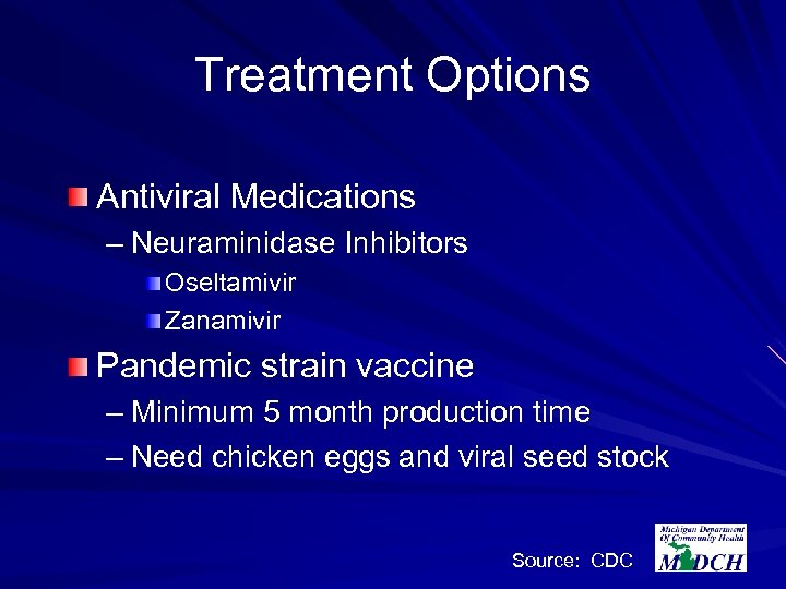 Treatment Options Antiviral Medications – Neuraminidase Inhibitors Oseltamivir Zanamivir Pandemic strain vaccine – Minimum