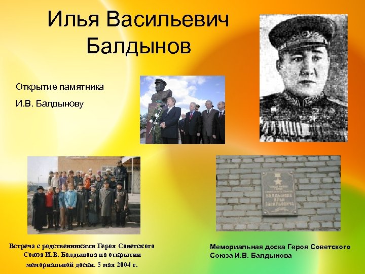 Илья Васильевич Балдынов Открытие памятника И. В. Балдынову Встреча с родственниками Героя Советского Союза