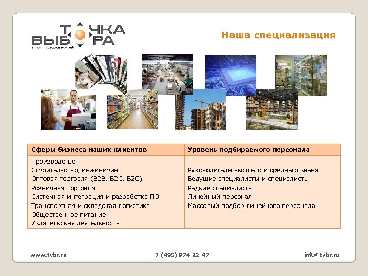 Наша специализация Сферы бизнеса наших клиентов Уровень подбираемого персонала Производство Строительство, инжиниринг Оптовая торговля