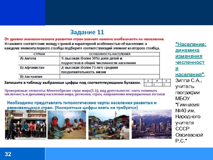 "Население: динамика изменения численност и населения". Зиппа С. А. , учитель географии МБОУ "Гимназия