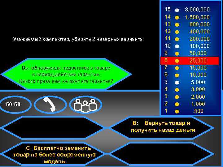 Уважаемый компьютер, уберите 2 неверных варианта. Вы обнаружили недостаток в товаре в период действия