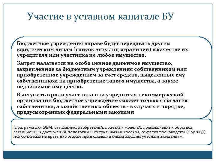 Участие в уставном капитале БУ Бюджетные учреждения вправе будут передавать другим юридическим лицам (список