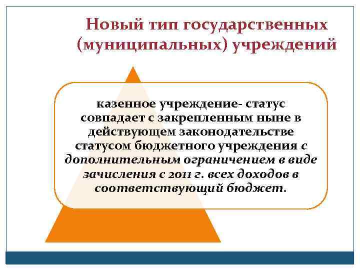 Новый тип государственных (муниципальных) учреждений казенное учреждение- статус совпадает с закрепленным ныне в действующем