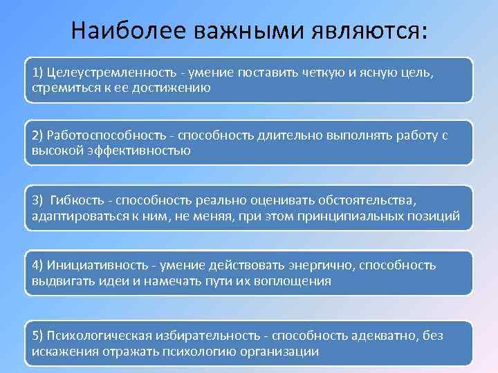 Наиболее важными являются: 1) Целеустремленность - умение поставить четкую и ясную цель, стремиться к