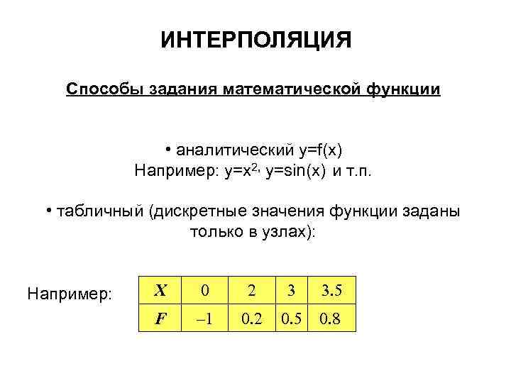 ИНТЕРПОЛЯЦИЯ Способы задания математической функции • аналитический y=f(x) Например: y=x 2, y=sin(x) и т.