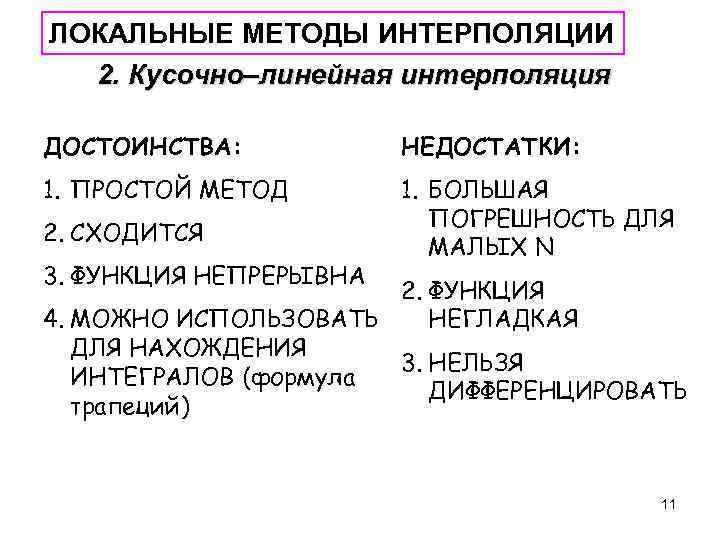 ЛОКАЛЬНЫЕ МЕТОДЫ ИНТЕРПОЛЯЦИИ 2. Кусочно–линейная интерполяция ДОСТОИНСТВА: НЕДОСТАТКИ: 1. ПРОСТОЙ МЕТОД 1. БОЛЬШАЯ ПОГРЕШНОСТЬ