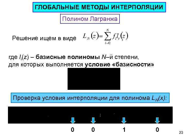 ГЛОБАЛЬНЫЕ МЕТОДЫ ИНТЕРПОЛЯЦИИ Полином Лагранжа Решение ищем в виде , где li(z) – базисные