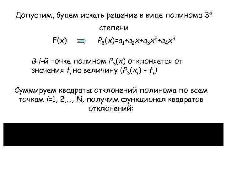 Допустим, будем искать решение в виде полинома 3 й степени F(x) P 3(x)=a 1+a