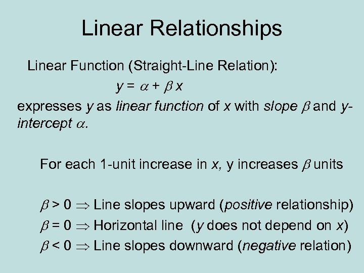 Linear Relationships Linear Function (Straight-Line Relation): y=a+bx expresses y as linear function of x