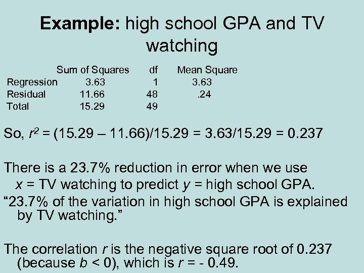 Example: high school GPA and TV watching Sum of Squares Regression 3. 63 Residual