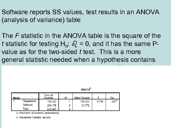 Software reports SS values, test results in an ANOVA (analysis of variance) table The