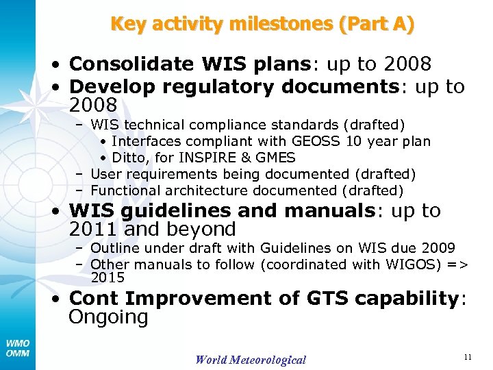 Key activity milestones (Part A) • Consolidate WIS plans: up to 2008 • Develop