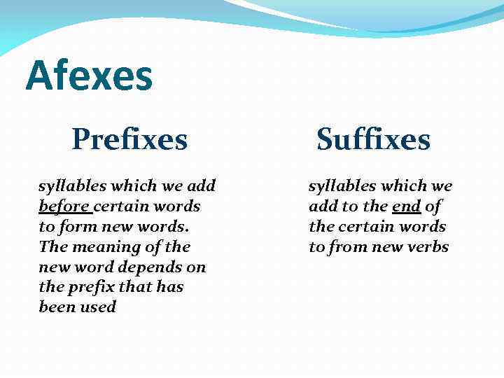 Afexes Prefixes syllables which we add before certain words to form new words. The