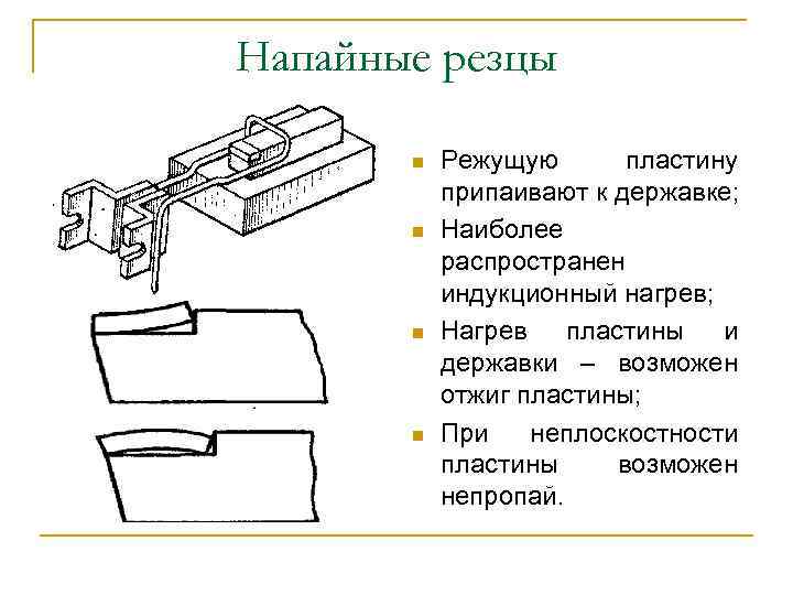 Напайные резцы n n Режущую пластину припаивают к державке; Наиболее распространен индукционный нагрев; Нагрев