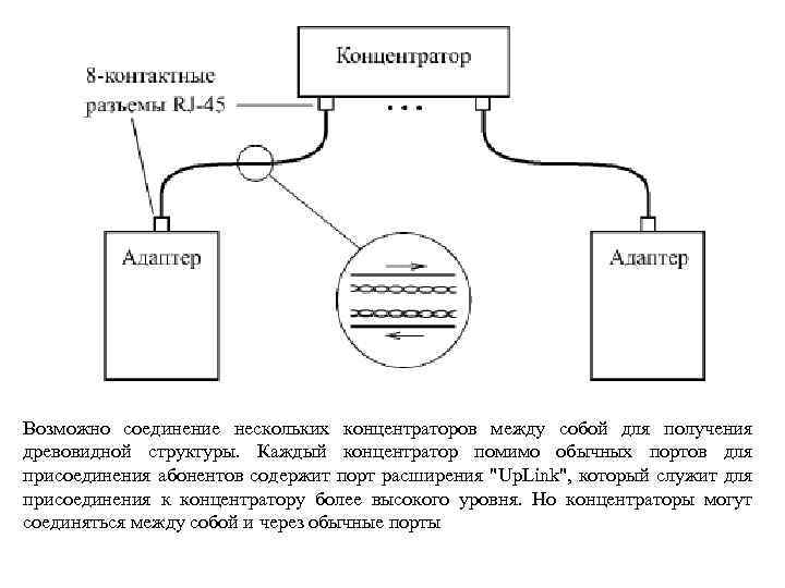 Возможно соединение нескольких концентраторов между собой для получения древовидной структуры. Каждый концентратор помимо обычных