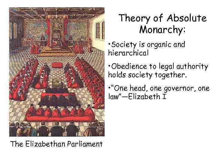Theory of Absolute Monarchy: • Society is organic and hierarchical • Obedience to legal