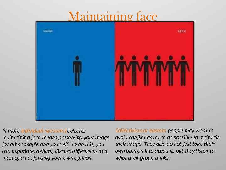 Maintaining face In more individual (western) cultures maintaining face means preserving your image for